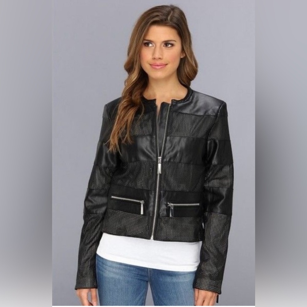 Vince Camuto Black Perforated Faux
Leather Motorcycle Biker Jacket